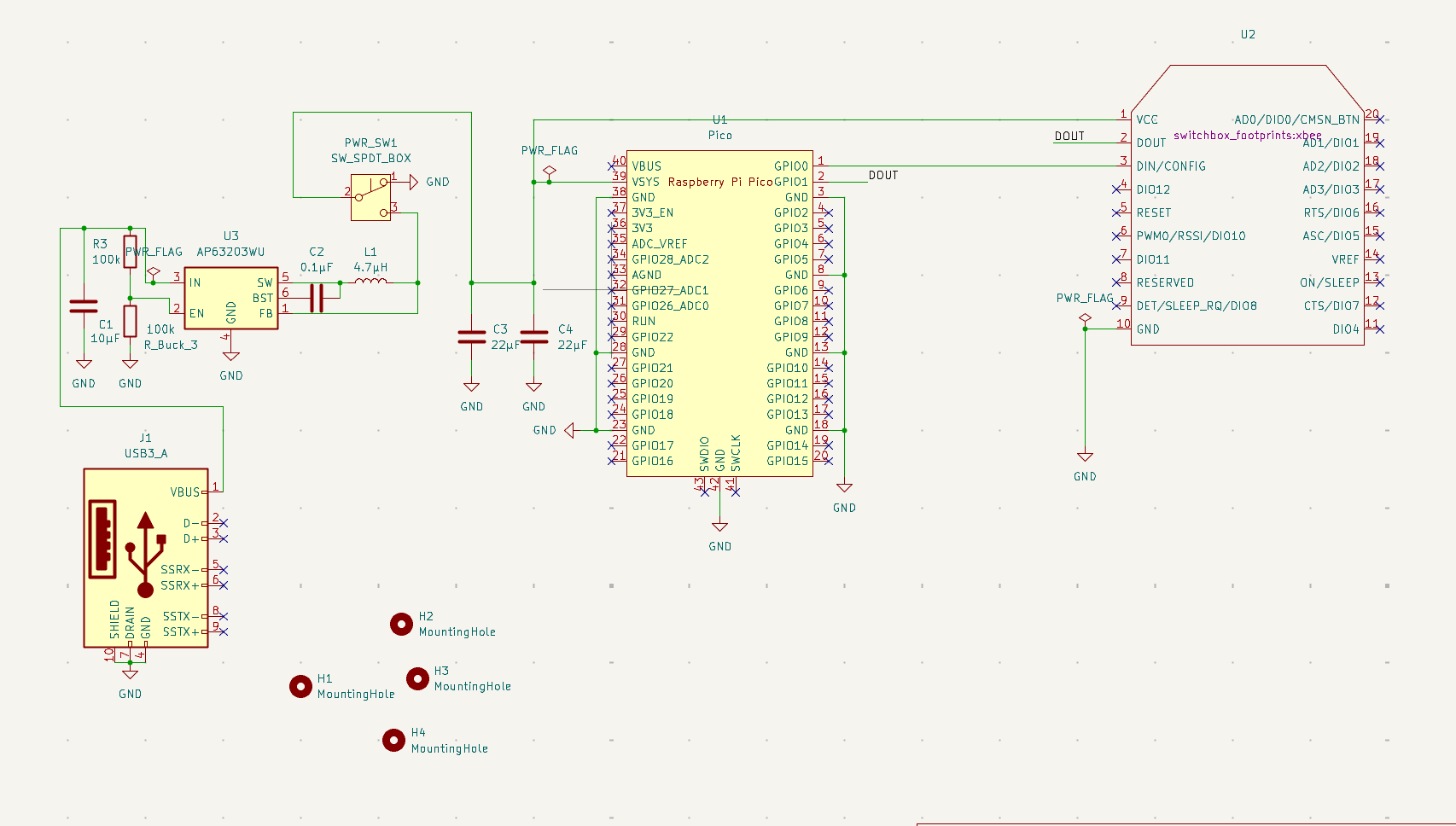 KiCad schematic for a CUSail controller board using a Raspberry Pi Pico and switchbox connector